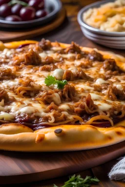 A picture of a Bosnian-style pizza topped with minced meat, onions, and cheese.