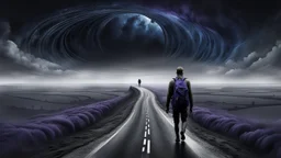 A solitary androgynous figure seen from behind, carrying an oversized heavy dark backpack, walking alone along a long winding road floating on a vast dark sky. Surreal abstract dreamscape, the road curving into endless darkness, abyss, mist, uncertainty and emotional weight, alone caracter, black gray, Dark blue, charcoal and muted purple tones, deep sky, digital art, etheral, atmospheric