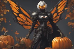 Monarch venom with pumpkin head in nier automata artstyle, halloween them, close picture, fantasy world, intricate details, highly detailed, high details, detailed portrait, masterpiece,ultra detailed, ultra quality