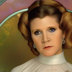 [[extrem stunning photorealistic Carrie Fisher as Princess Leia]] :: [[photorealistic hazel iris, short hair, head and shoulders portrait, 8k resolution photorealistic portrait by Alphonse Mucha, dynamic lighting, hyperdetailed, intricately detailed, triadic colors]]