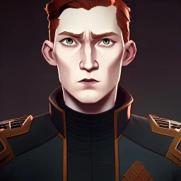 general hux in 3/4 view, wearing a black First Order uniform, serious, imposing figure, thick eyebrows, wearing a black First Order uniform, green eyes, gray background, sepia filter, light coming from the side