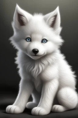 Create a description of an adorable, small white wolf cub. Highlight its fluffy fur, innocent eyes, and endearing features. Depict the charm and playfulness that make this little wolf so heartwarming. Share details about its surroundings, perhaps a forest glade or snowy landscape. What distinctive markings or features make it uniquely cute? Consider adding a touch of personality – is it curious, shy, or mischievous? Generate an image of this sweet, little white wolf that captures the essence of
