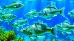 A group of white and blue fish with fins and tails swimming in a blue and green underwater scene with bubbles