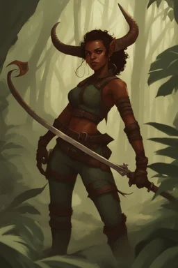 A DnD character. A female horned Tiefling ranger in a jungle. The Tiefling has a little dinosaur on her shoulder and a rapier in her hand.