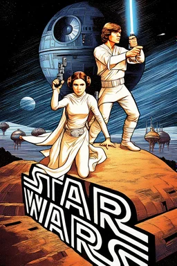 movie poster for Star Wars episode 4 featuring luke and leia in iconic poses atop of a mound shaped as the words "STAR WARS" death star in background, correct any proportions errors