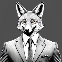 Illustrative sketch of a image of a humanoid fox, ironic smile, suit and tie, ultra quality line art, 8k