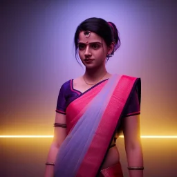 full body photo of a girl in saree in dark room with neon light ,hyperrealistic,detailed,8k,cinematic