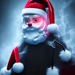 All Black Santa, ghost, wearing high tech mask, white smoke, dark, rage, high definition, ultra 8 k, volumetric lighting, blue fire, fog red rain