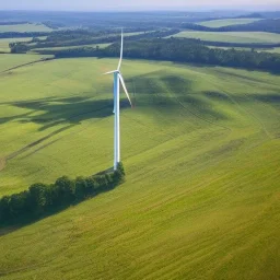 Aerial Drone Footage of Wind Turbines in Rural Area with Green Forests and Fields