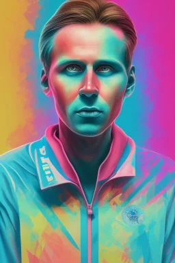 Portrait of Matti Nykänen in olympics. colorful. pink.