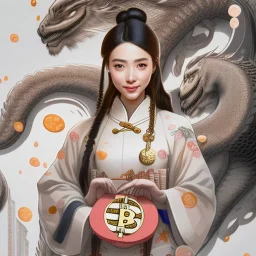 Bitcoin cryptocurrency in the hands of a traditional chinese girl, dragon