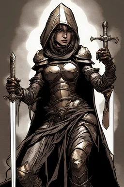 a celestial woman is crouched down holding a rusted sword and dagger is both hands, her form seemingly made of multiple illusionary duplicates, almost as if she is formless. Her face is that of a smirking trickster ready to attack her deceived opponent. She is wearing oddly shaped armour under her cloak that alters her form. dark shadows warp her form. she is standing in a twisted environment of shadows and dark shapes