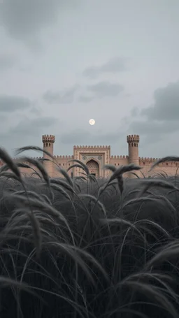 Windblown grass with winds with clouds and moon in the background, high quality picture 8k, beautiful cinematic lighting and all gray colors , a big old Islamic walls with towers and big gate in background