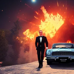 James bond,heroic,ultrarealistic, fiverr,unreal engine, cinamatic lighting,"saving a woman",explosion,fire