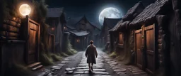 Hyper Realistic man walking between a prehistoric narrow street with ancient wooden houses gates at dark moon eclipse night