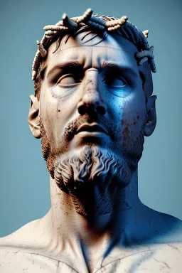 Ultra Realistic image, Roman sculpture, white luxury marble material, Lionel Messi, gold crown of natural thorns, god crown, Renaissance style, sun rays background, waist up portrait, epic, celestial, cinematic lighting, God lights, 4k resolution, smooth details, soft lighting, unreal engine 5, art station, substance 3d.