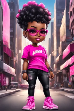 reate an airbrush illustration of a chibi cartoon voluptuous black female. Wearing a hot pink t-shirt and tight black jeans with hot pink Nike sneakers. Prominent make up with hazel eyes and she is wearing pink glasses. Extremely Highly detail of a very low platinum shiny black pixie haircut. Background of a busy city street. 2k