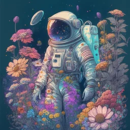 "floral astronaut" hand-drawn digital art, flowers everywhere, colorful garden, beautiful galaxy, REALISTIC, anime, 4k, high resolution, full details, 2560x1600