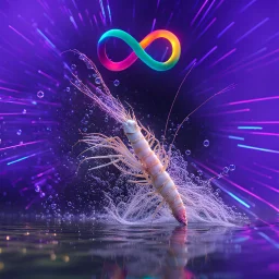 infinity symbol ∞ with vibrant powerful single prawn coming out of the water, striking, neon, chiaroscuro, dramatic, captivating, powerful, fantasy, beautiful, octane render, 16k post-production, artstation: award-winning: atmospheric: commanding: fantastical: clarity: ultra quality: striking: brilliance: stunning colors: amazing depth; lens: f/11, 35mm