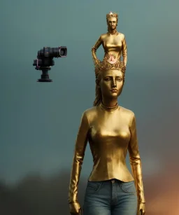 Statue of Queen of photography. Cute blonde woman. Photographer in golden crown. Standing on the street. Big camera in her hand. hyperdetailed, photorealistic, trending on artstation, greg rutkowski, beksinski, kodachrome