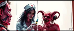 cyberpunk fallout 4, airbrush and pen outline, A cinematic, high-end advertisement image for a fictional service called “Spice Girl Nurse Glam Fashion Party™”. Split-screen composition with two contrasting emotional states. Mutants getting injected.