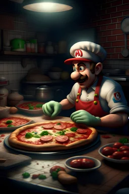 Mario making pizza realistic horror image