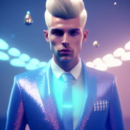 Handsome man cosmic, glitter and light blue and white suit with stripes, blond hair, piercing eyes, cinematic lights, octane render, unreal engine 5, 4k, focus details