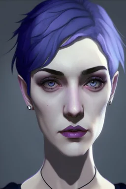 Realistic woman with pale skin, big grey eyes, blue and purple short hair, angular facial features, prominent collarbones, black clothing