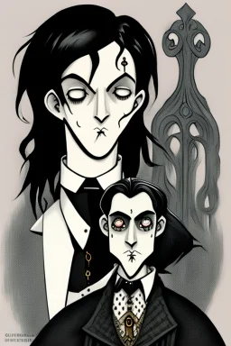 black haired young man necromancer wizard with gothic jewelry in the style of charles addams