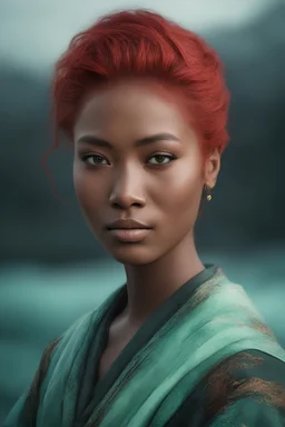 the black Chinese woman with (((red hair))) and bright, (((sea-green eyes))), - full color - 32k, UHD, 1080p, 8 x 10, glossy professional quality digital photograph - dark foggy gradated background, historic, powerful, octane rendering, exquisite detail, 30 - megapixel, 4k, 85 - mm - lens, sharp - focus, intricately - detailed, long exposure time, f8, ISO 100 - back - lighting, ((skin details, high detailed skin texture))