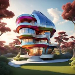 Abstract colorful bizarro mansion shaped like a weight scale, by Victor Enrich and Toyo Ito, photorealistic, dramatic stunning architecture, 3d Octane Render, surreal architecture, natural lighting