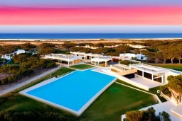 Sunset algarve in quinta do lago, one straight line building of 250 meters long modern luxury architecture with pool on rooftop, with green roofs and sun loungers next to pool, on the left side overlooking far away tennis sport facility and inserted in the Ria Formosa Natural park, on a slope with pinus pinea, a wrap around low speed veicular road