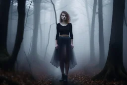 full-height shot of a young witch in a tight black skirt, in a wood, with mist