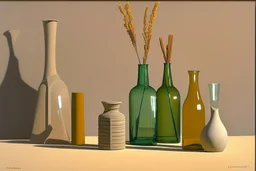 A still life with glass bottles and a glass vase in sand dunes by Giorgio Morandi