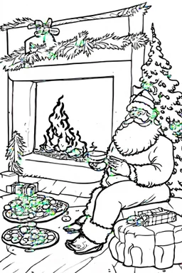 Christmas coloring page with Illustrate a scene with Santa enjoying a plate of cookies and a glass of milk left for him by the fireplace., a bold ink line sketch drawing illustration.