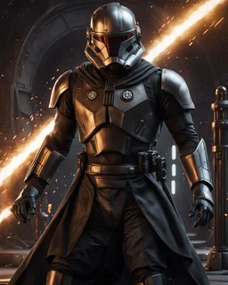 star wars bald male corellian pilot wearing pearlescent black and gunmetal grey First Order special forces heavy assault stealth commando armor and helmet with gold trim inside the jedi temple, hyperdetailed, dynamic lighting, hyperdetailed background, 8k resolution, volumetric lighting, light skin, fully symmetric details