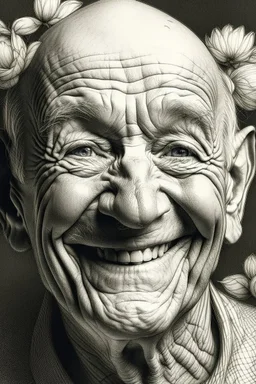 drawing, portrait,Flowers , wrinkles, features, smiling, white, lead, charcoal,drawing with pencil