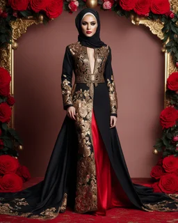 Full length Luxury potrait of a beautiful super model hijab beauty makeup cosmetic,she wearing islamic a luxurious details pattern color gold and black casual jacket with designed large flower details that resemble roses.The dress has an asymmetrical design with one sleeve and a flowing skirt.background of the image shows a red carpet event with floral decorations,close-up portrait