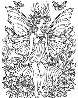 The fairy coloring page cartoon is simple, with bold precise clear lines, no color, white background.