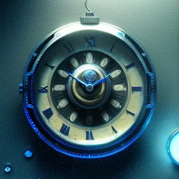 a blue crystal clock on sand, scary, steam punk, realistic, made in octane, cinematic, ultra-realistic, extremely detailed octane rendering, 8K, VRAY Super Real ar 2:3, dof photorealistic futuristic 50mm lens hard lighting dark gray tintype photograph, realistic lighting