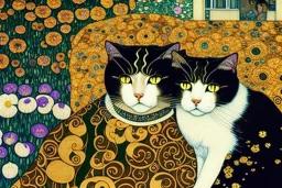 Two cats on a terrace. Gustav Klimt. Perfect brown eyes with perfect iris, perfect huge pupils.