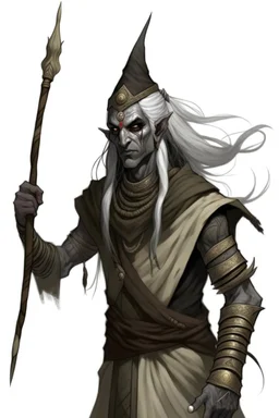 Ahs genasi from dnd with ashesen skin and asian flowing hair on head holding a spear in Monk attire with ash giant symbolism