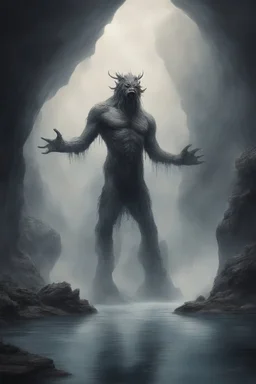 A giant creature with open arms with a Smokey texture standing in a water in front of a mythical cave in granite volcanic mountain . Busch painting style