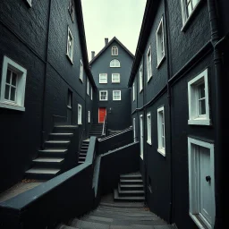 Fotografia di strada assurda e falsa orripilante blu weirdcore dai colori vivaci, liminalcore. Escher. Incubo. Confusione geometrica. Scale che scendono. Yves Tanguy. Non luogo falso, inusuale. Le case sono false e dipinte di nero chiaro con cose stilizzate e dettagli. Ci sono finestrelle false quadrate, che danno un senso distopico e molto surreale, disposte in modo casuale. L'atmosfera generale sembra noiosa e onirica, con un contrasto tra elementi reali ed elementi dipinti falsi, René Magritt