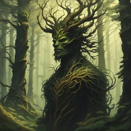 Peter Mohrbacher, shadow forest spirit , with highly detailed, sharply lined facial features, in the deep forest of Brokilon in rustic woodland colors, 4k