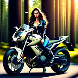 Very attractive woman sitting on a motorcycle. The bike is Yamaha. In the background is a forest. Big detail on the legs. Realistic details. Photorealistic. 4K. Wide-angle lens.