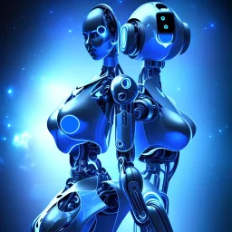 un robot femme bleu fond galaxie