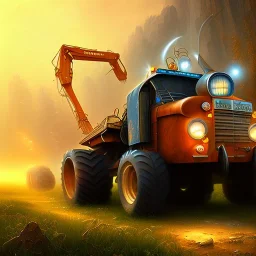 two closeup faces, background with dumper truck, book cover, fantasy art, sketch