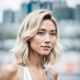 beautiful anorexic asian female, total shot, shiny silver triathlon swimsuit, short blond wavy bob hair, blurred city background