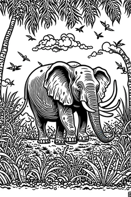 A black-and-white outlined drawing of a wild elephant eating bananas from trees for kid's colouring books